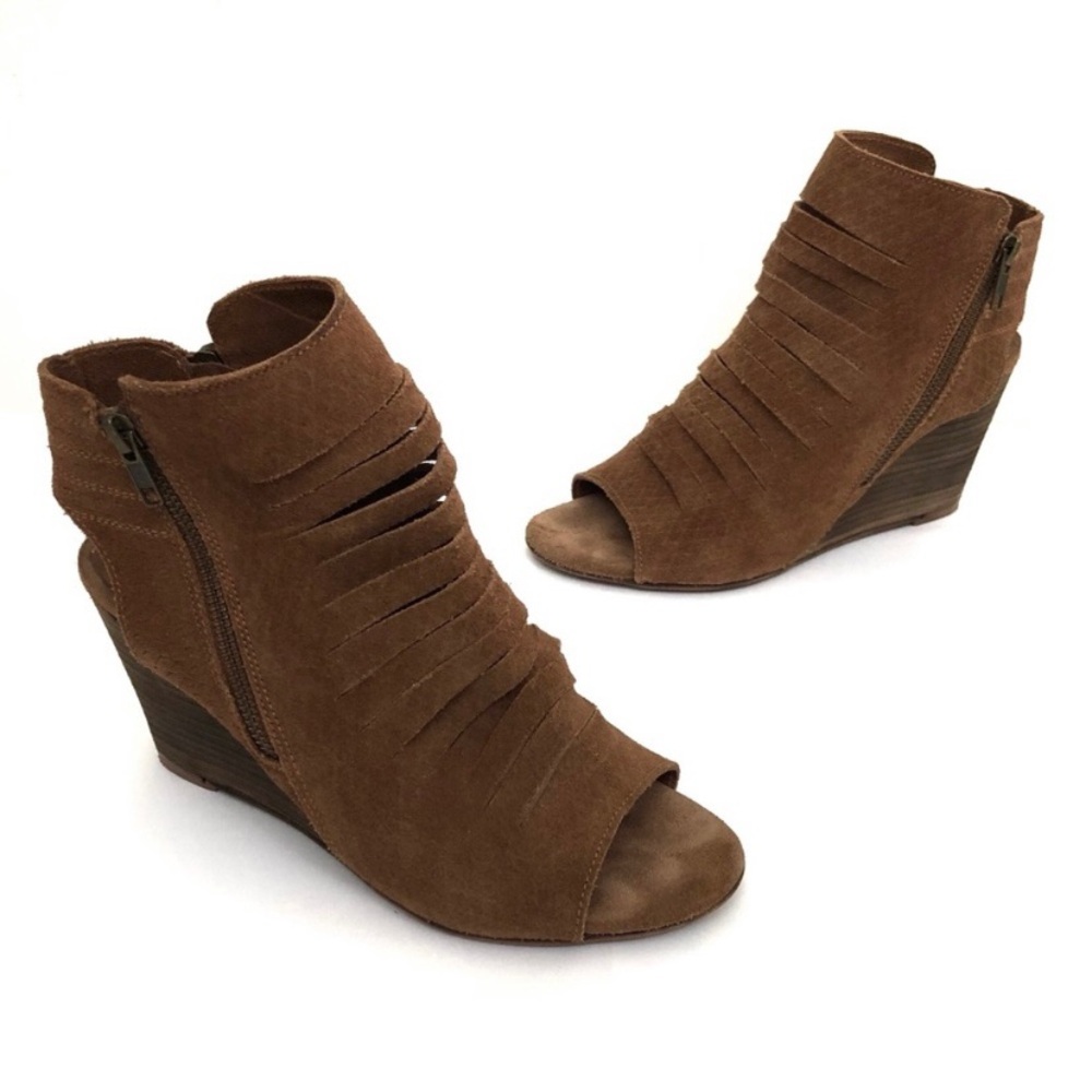 New Diba Suede Peep Toe Wedge Ankle Booties Tan Women’s Size 8